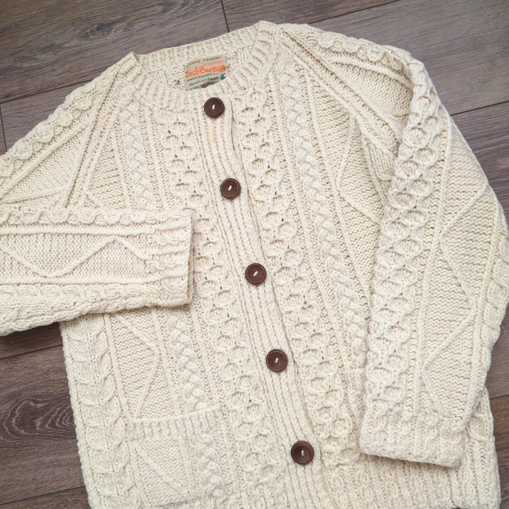 Vtg Fisherman Irish Hand Knit Cardigan Sweater Cream Wool Cable Knit Loch Garman